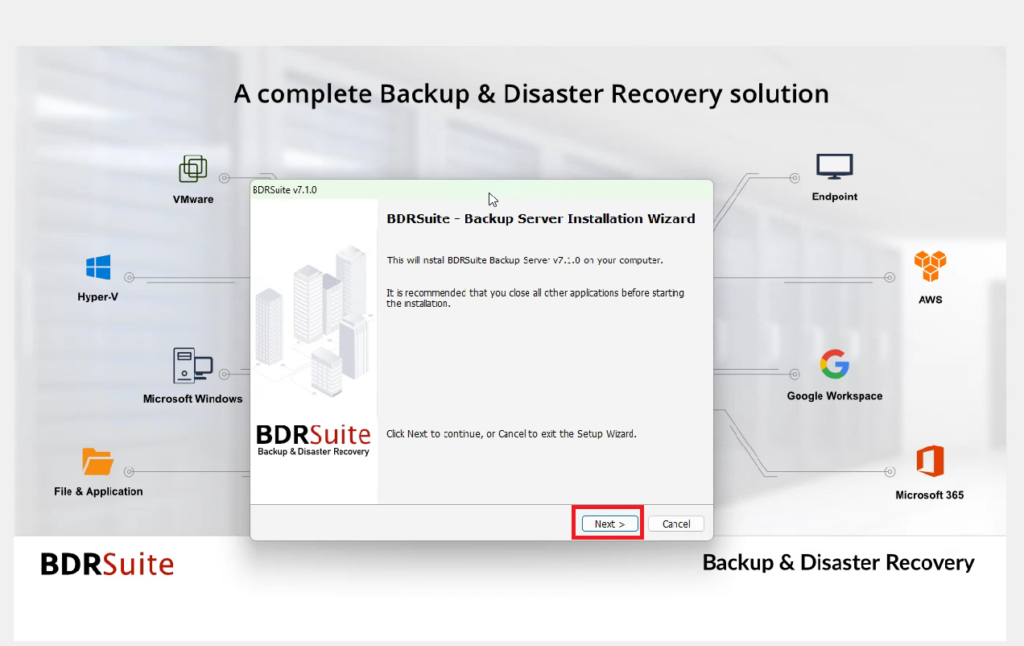 install BDRSuite Server for windows